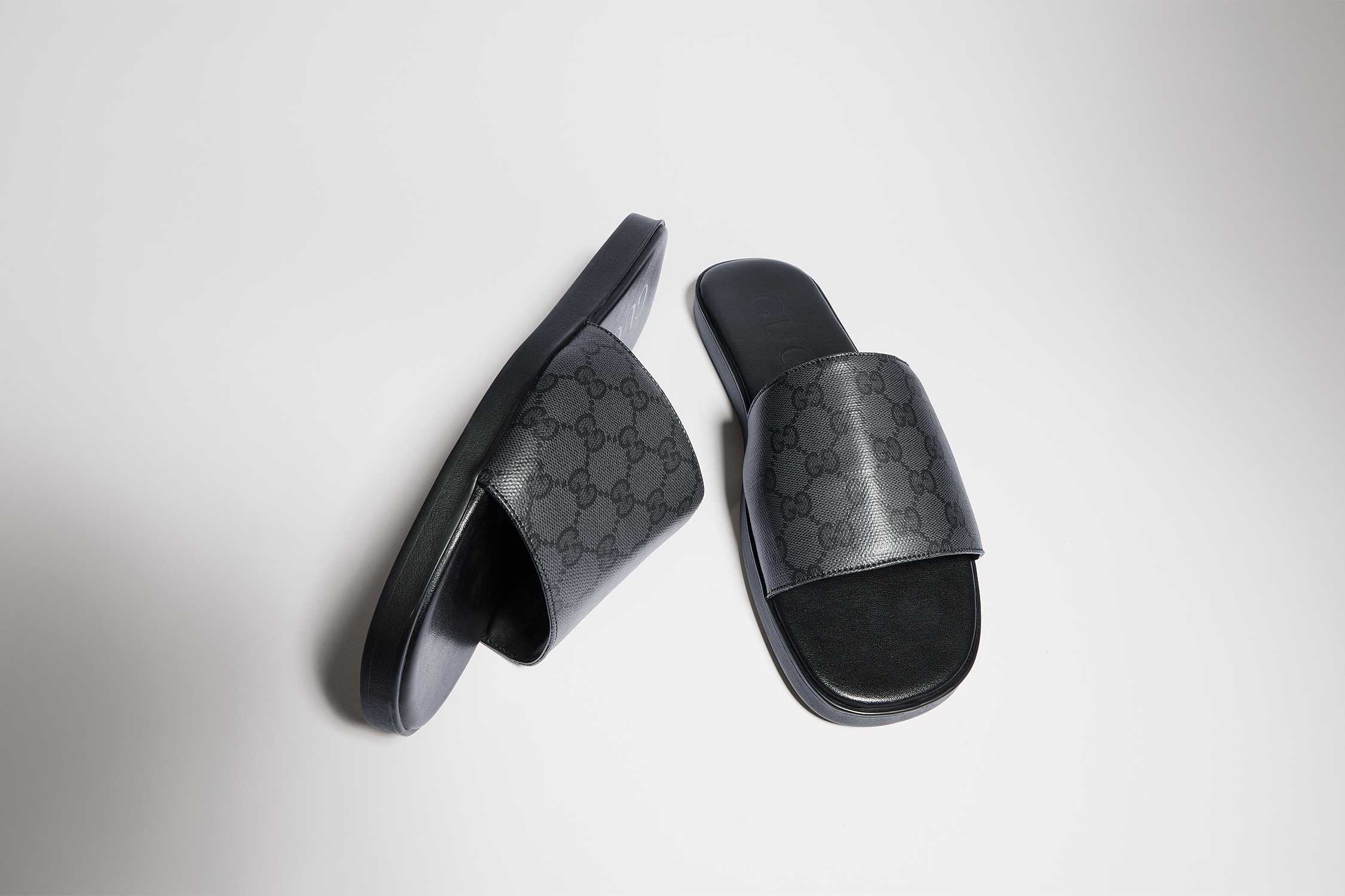 Grey Gucci monogram slide sandals