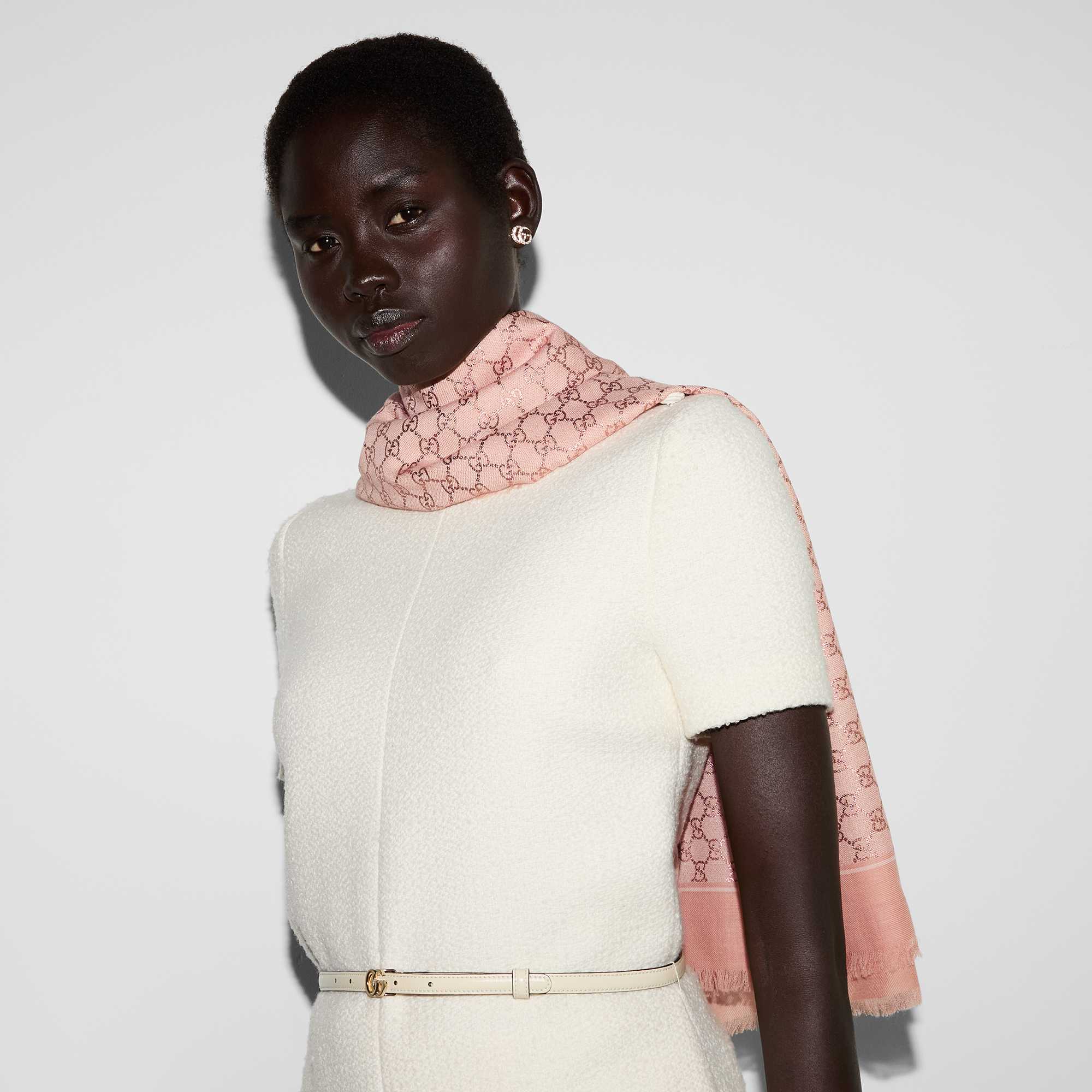 Pink Gucci scarf white dress