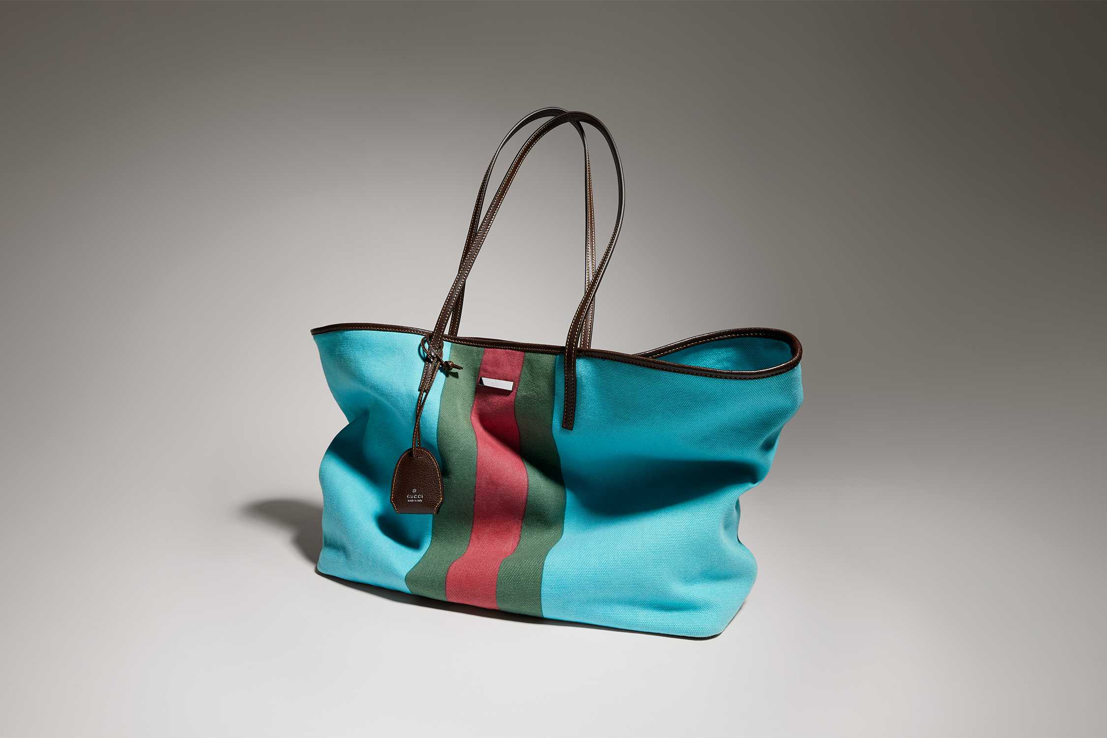 Gucci turquoise striped canvas tote