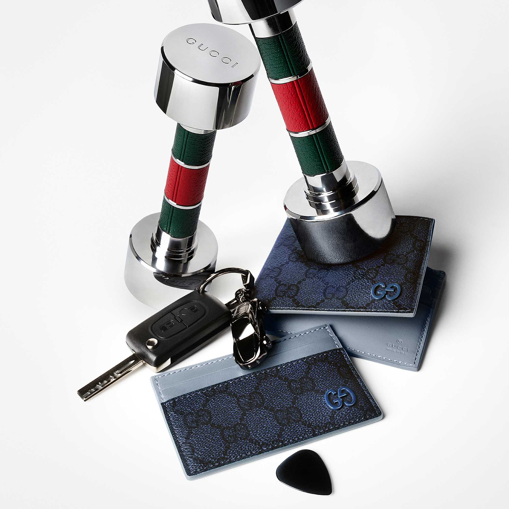 Blue GG wallets with Gucci dumbbells, key fob and guitar pick