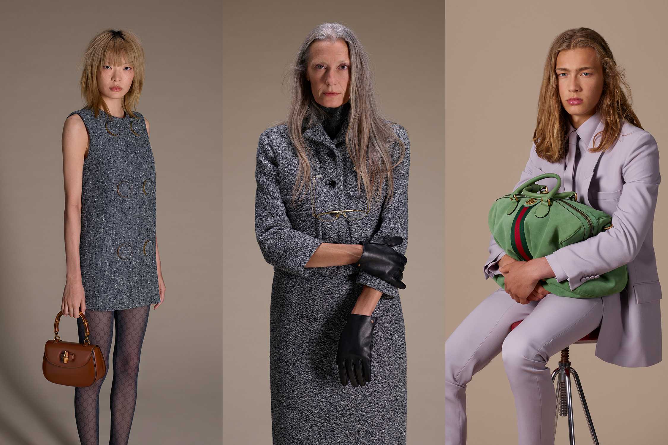 Gucci grey outfits green bag