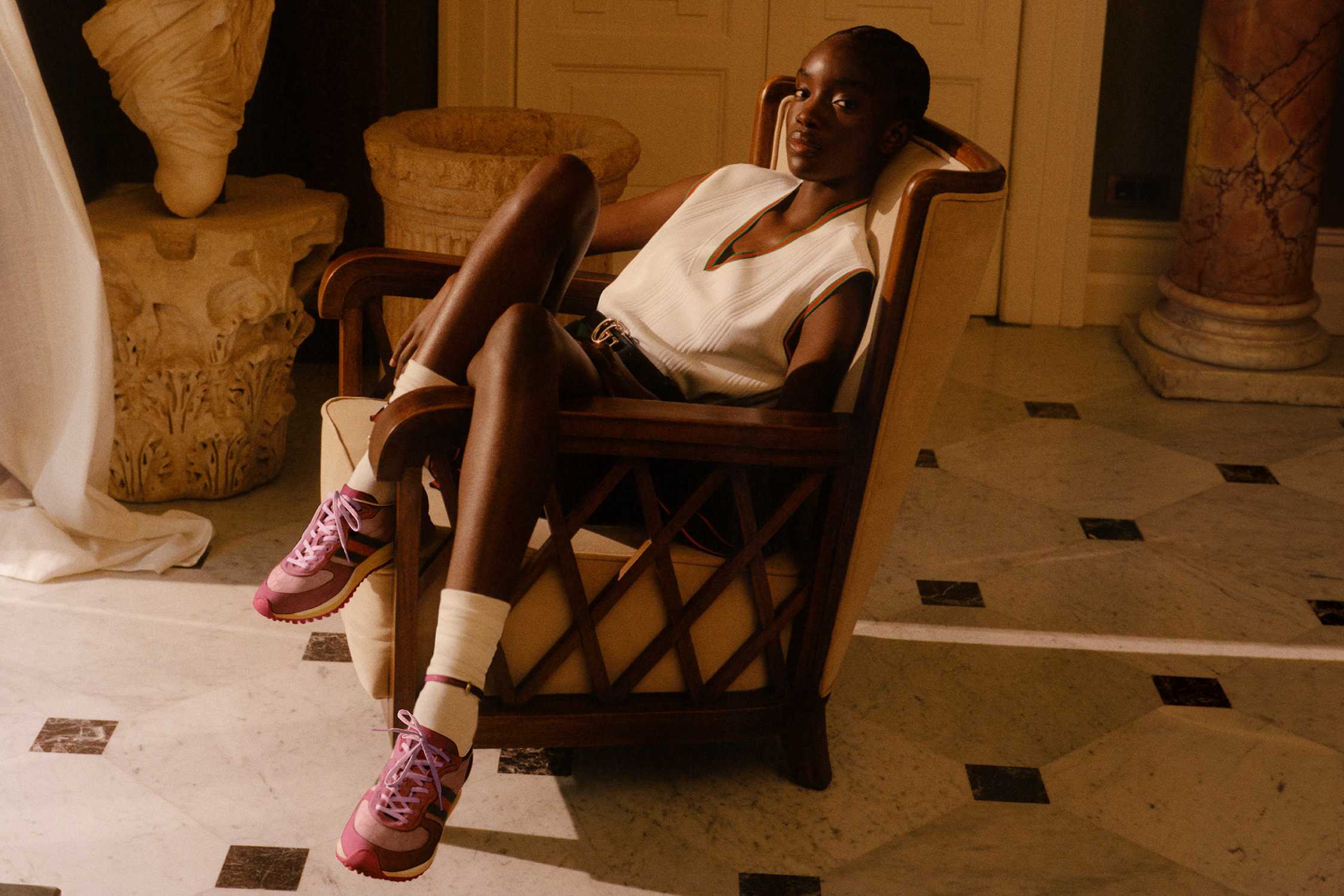 Pink Gucci sneakers white outfit
