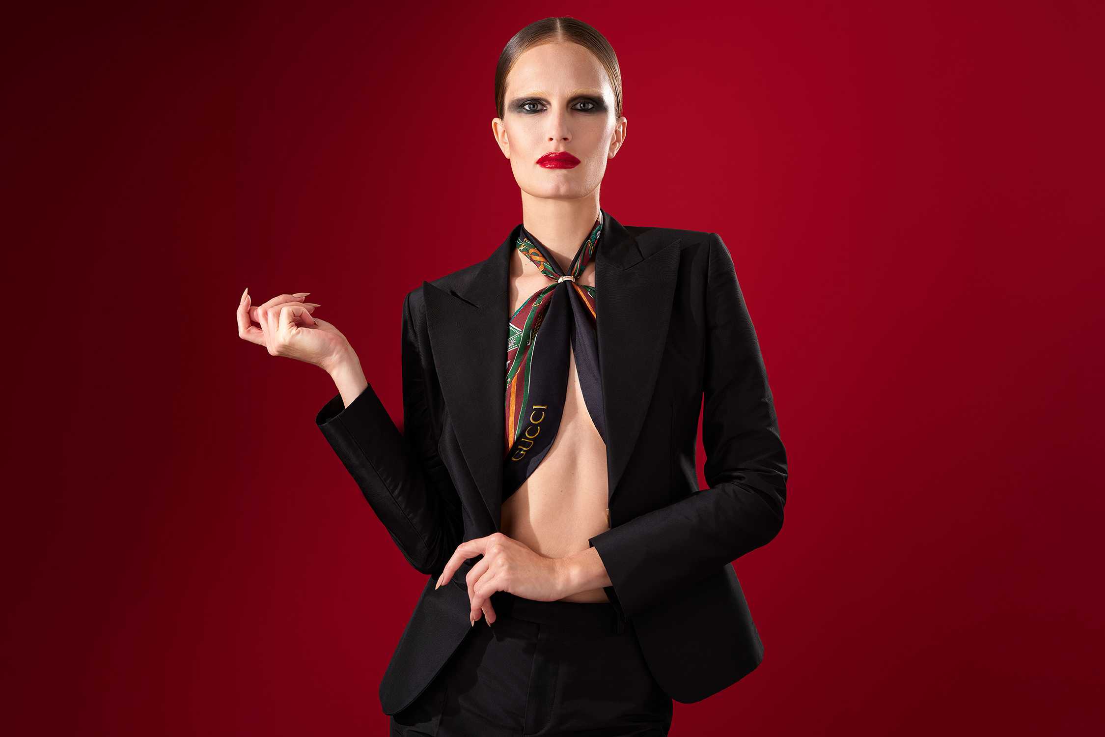 Black blazer with Gucci scarf