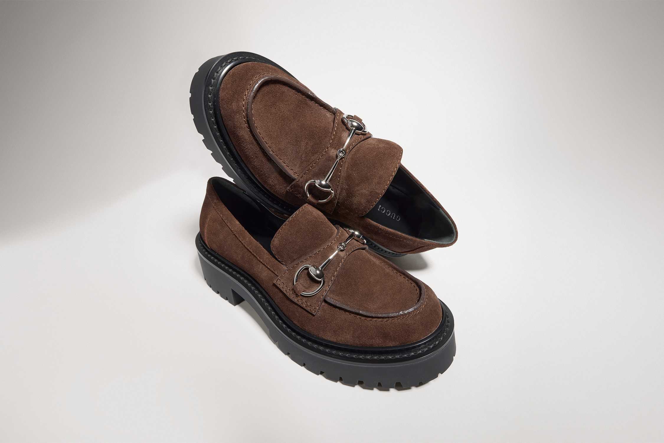 Brown Gucci suede horsebit loafers