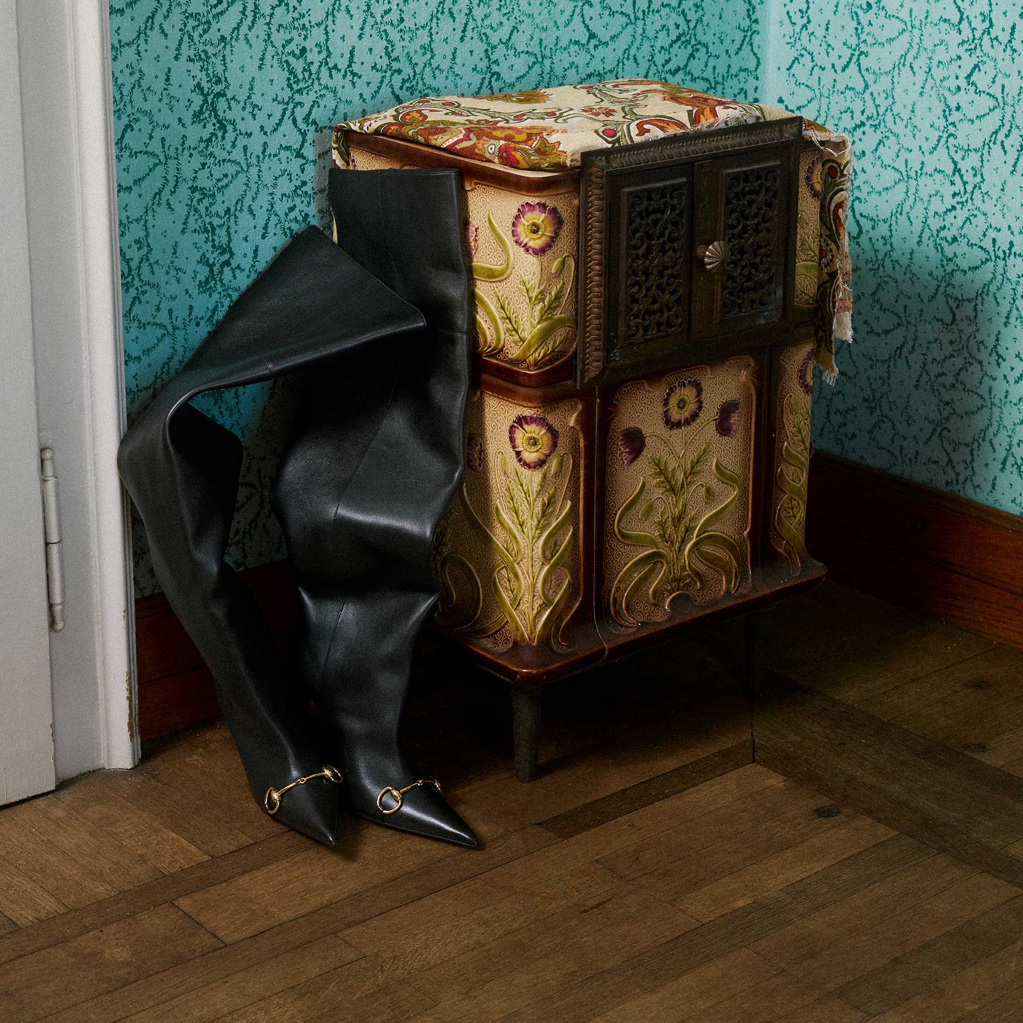 Black Gucci loafers in wardrobe