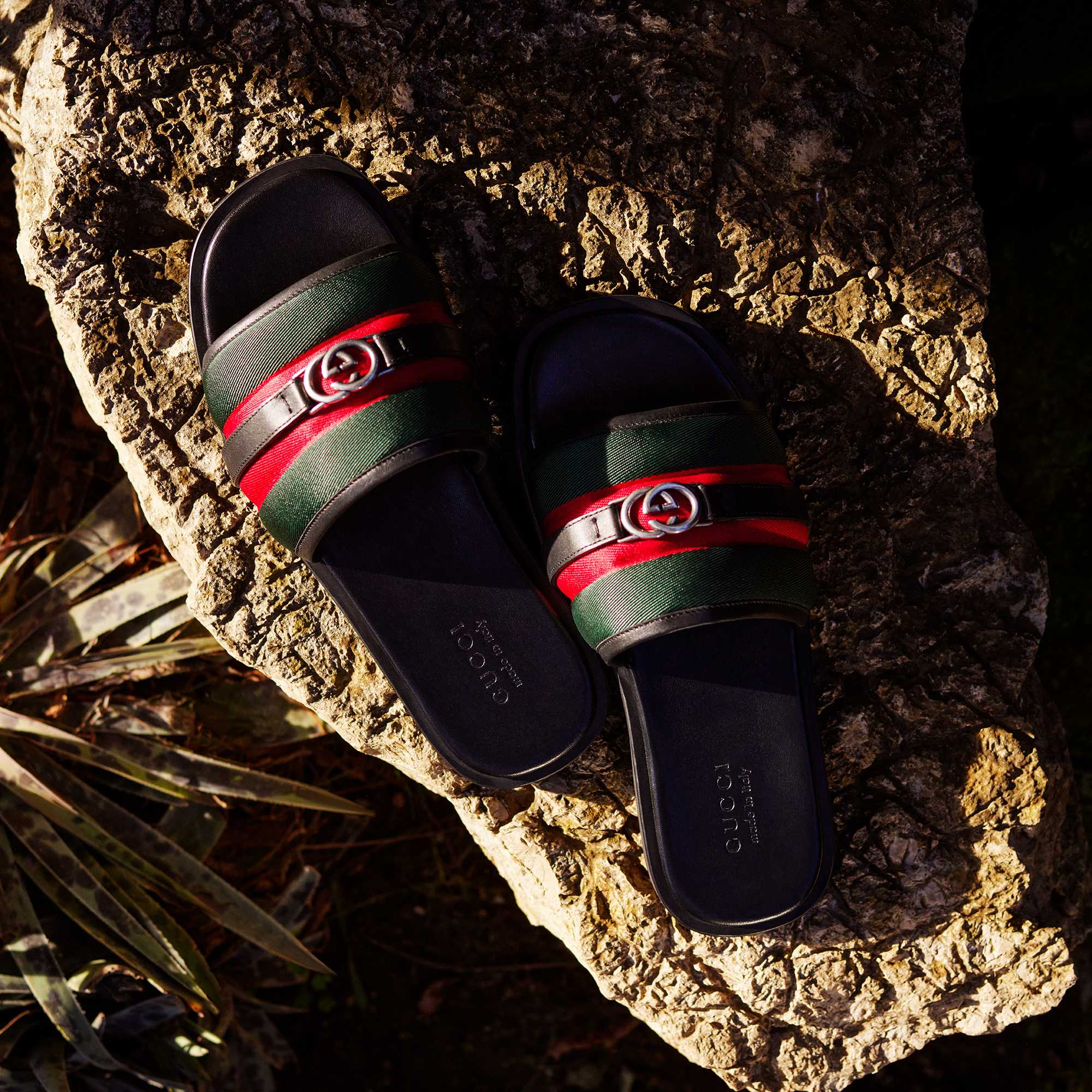 Gucci slides on rock