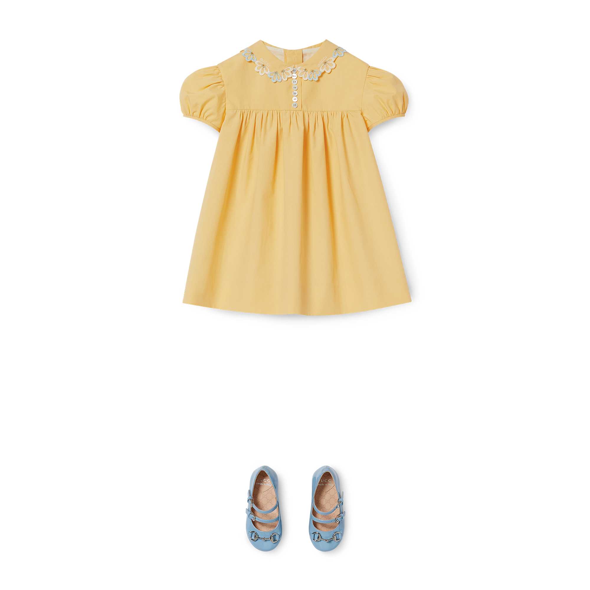 Gucci blue-yellow polka dot outfit