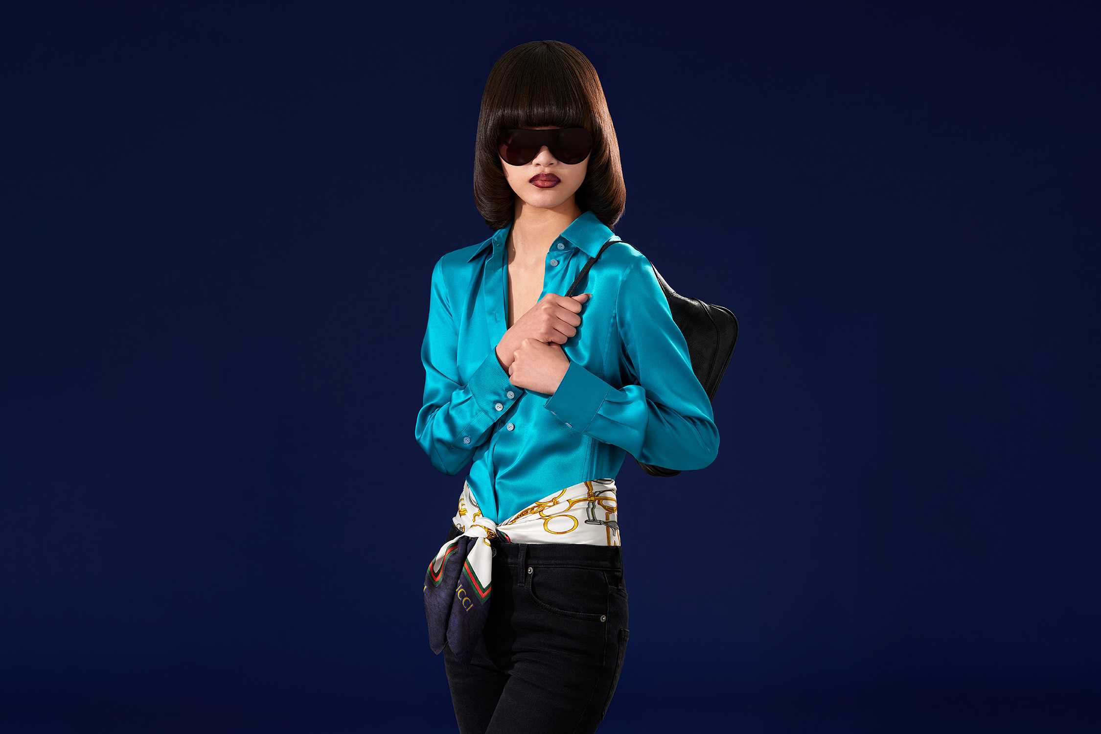 Turquoise Gucci shirt with scarf