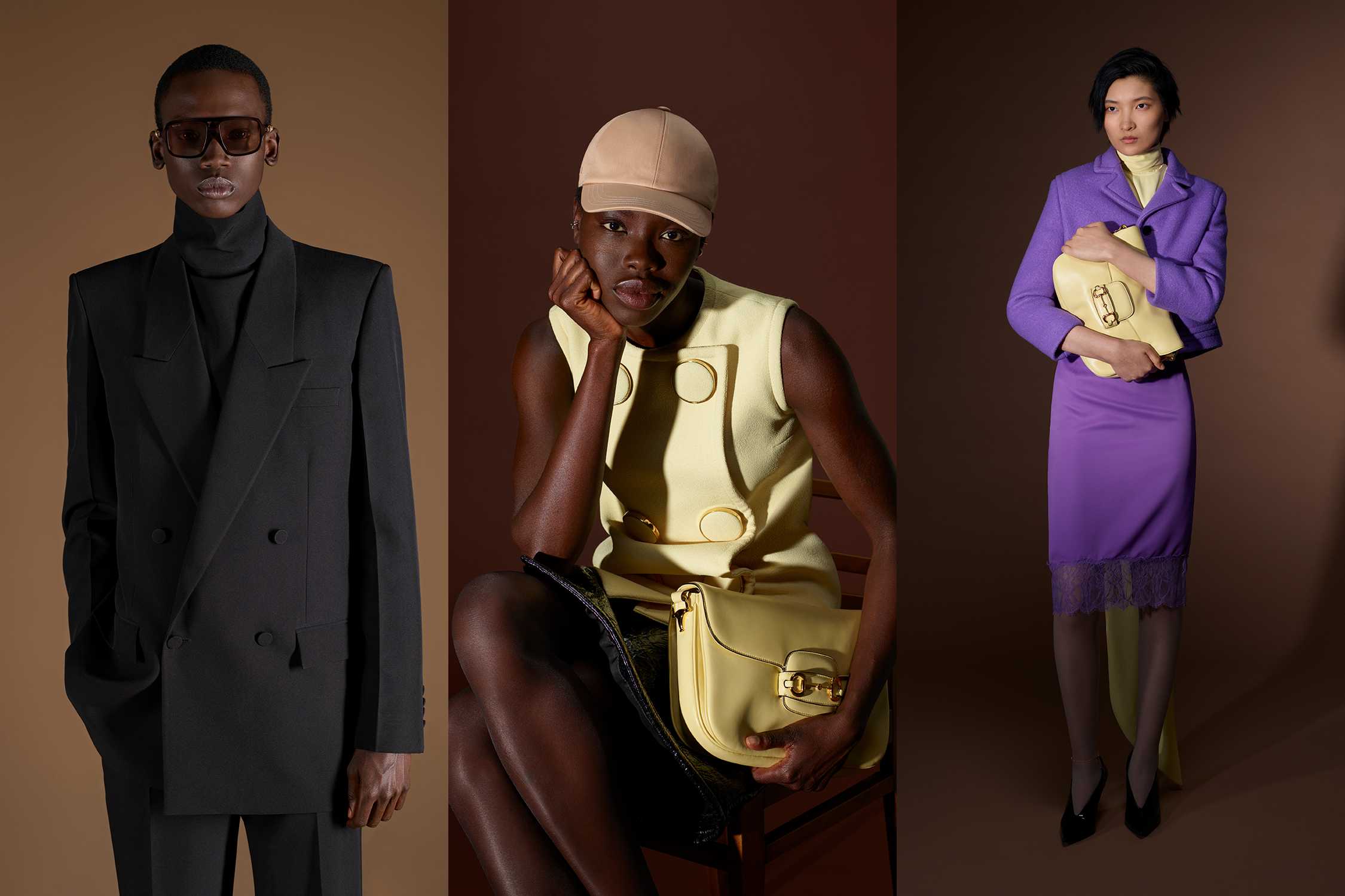 Gucci fashion in black, yellow, purple.