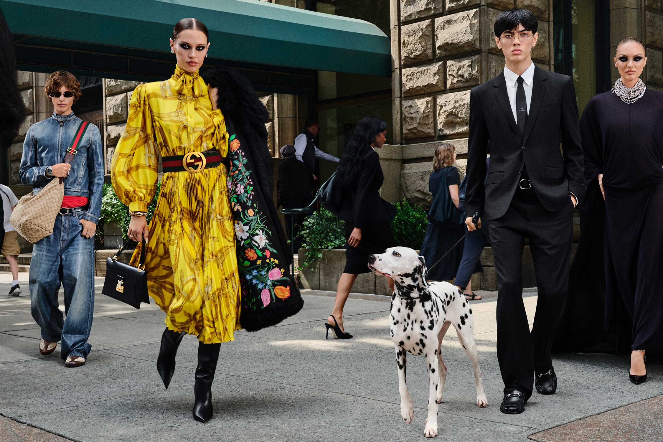 Yellow Gucci dress black boots
