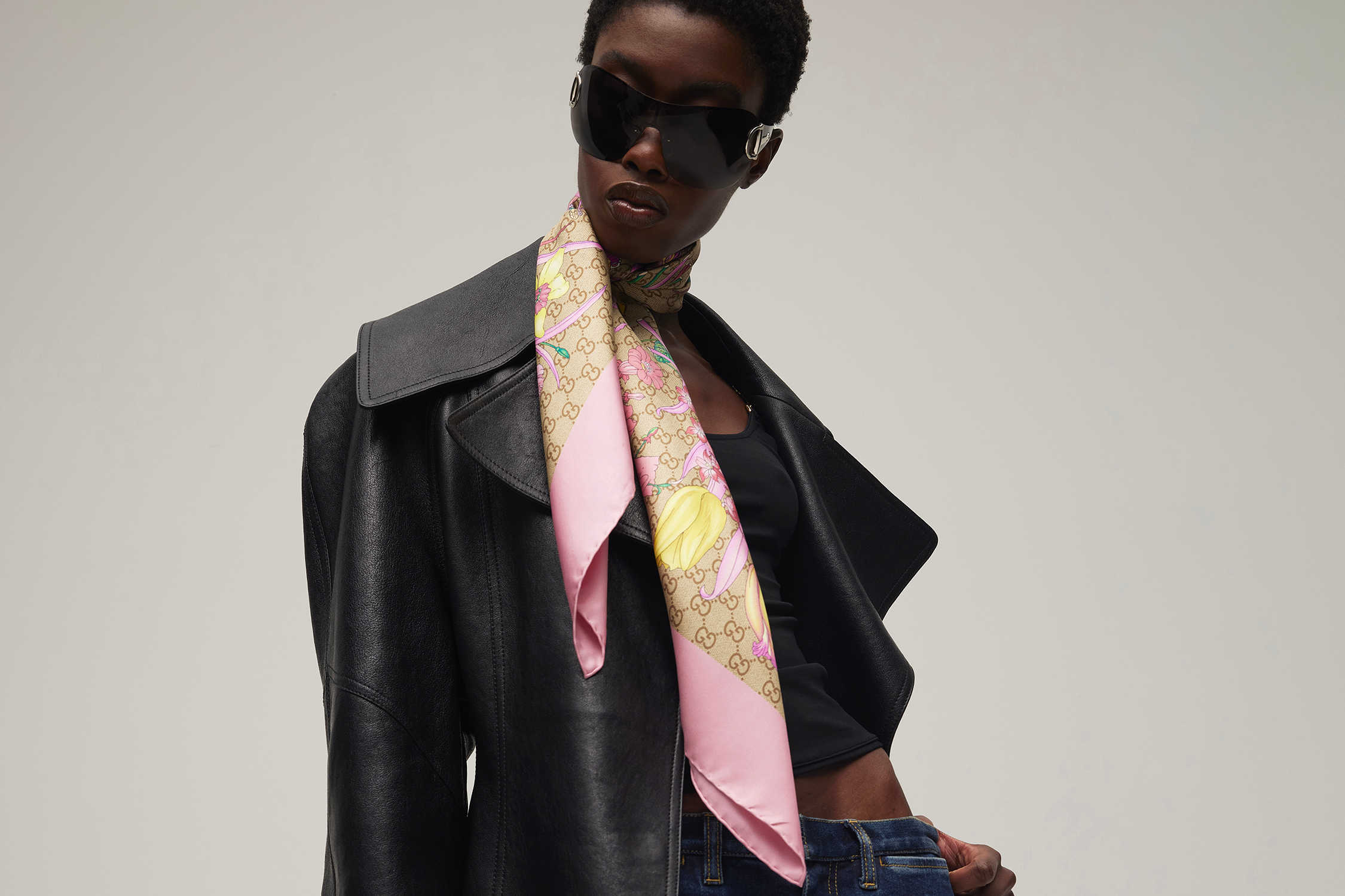 Pink GG floral print scarf