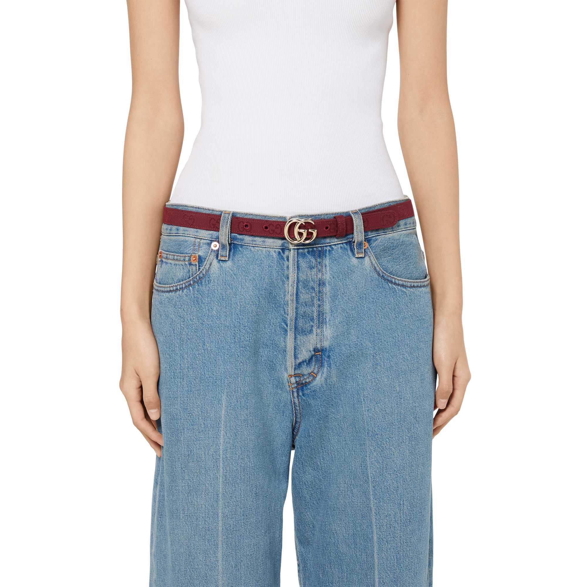 Red Gucci belt with jeans