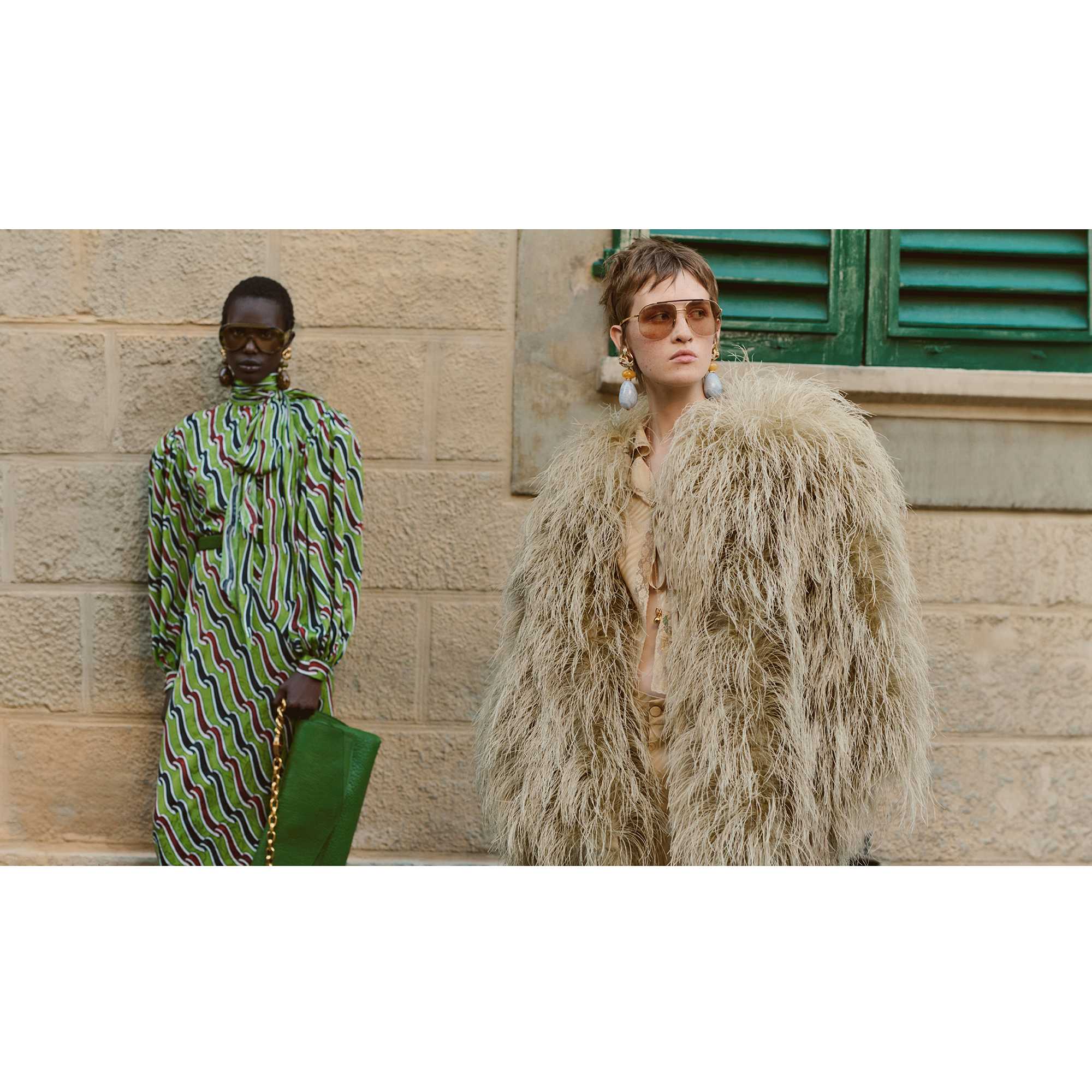 Gucci beige coat green dress