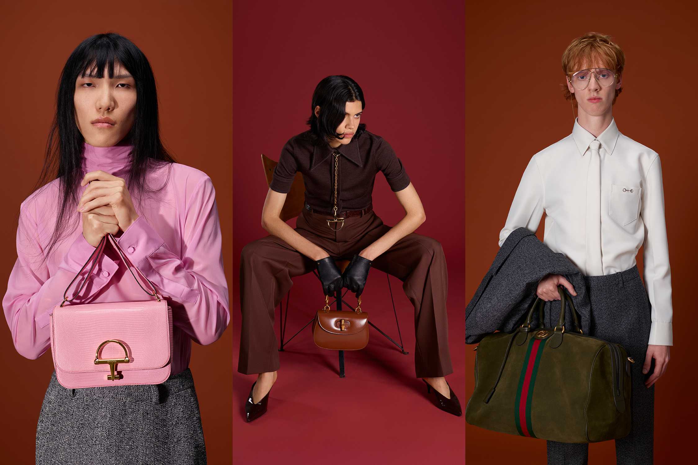 Gucci bags in pink, brown, green.