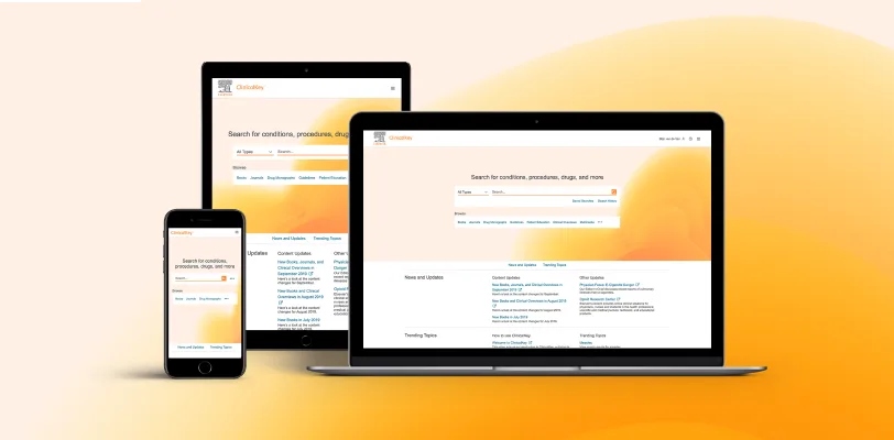 ClinicalKey displayed on a phone, tablet, and laptop. 
