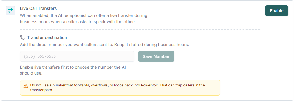 Live Call Transfers Config Snip