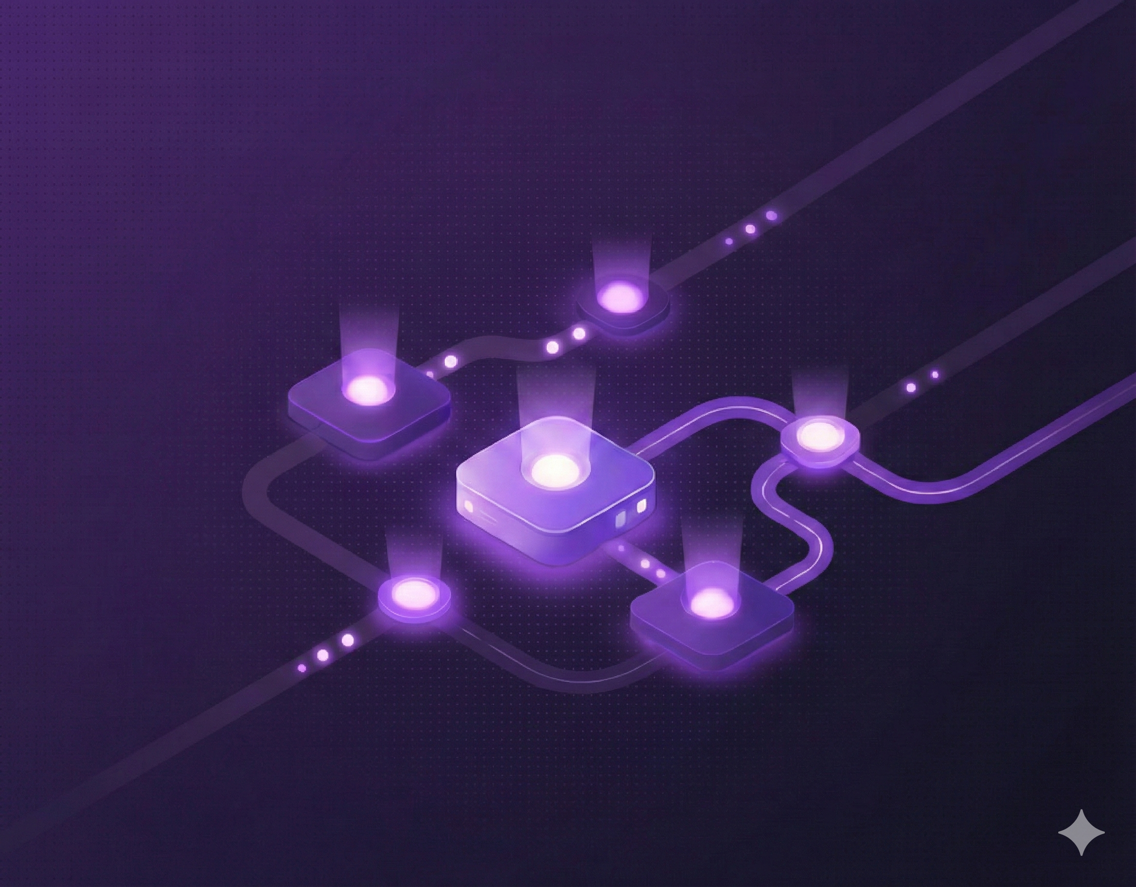 3D isometric workflow visualization showing connected nodes