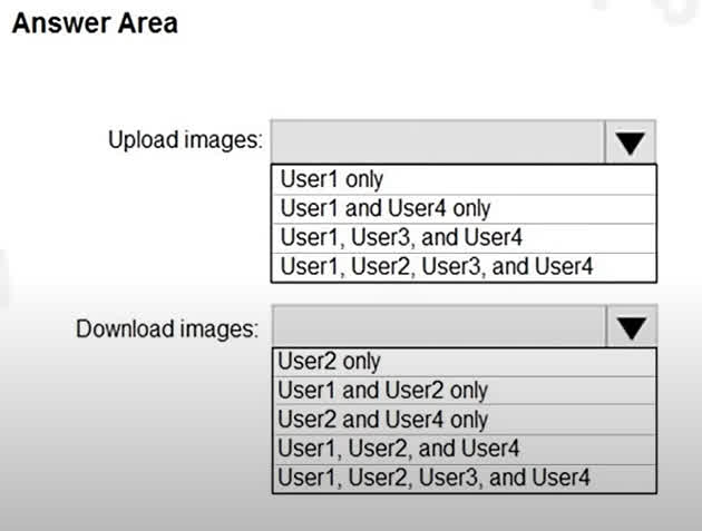 Question#QUE1323: You have an Azure Container Registry named Registry1. You add role assignments for Registry1 as shown in the following table: Which users can upload images to Registry1 and download images from Registry1? To answer, select the appropriate options in the answer area. NOTE: Each correct selection is worth one point.