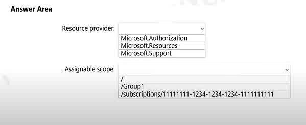 Question#QUE1468: You have a management group named Group1 that contains an Azure subscription named sub1. Sub1 has a subscription ID of 11111111-1234-1234-1234-111111111111. You need to create a custom Azure role-based access control (RBAC) role that will delegate permissions to manage the tags on all the objects in Group1. What should you include in the role definition of Role1? To answer, select the appropriate options in the answer area. NOTE: Each correct selection is worth one point.