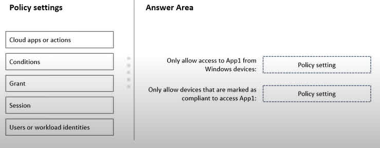 Question#QUE1524: You have an Azure subscription that contains an Azure web app named App1. You plan to configure a Conditional Access policy for App1. The solution must meet the following requirements: Only allow access to App1 from Windows devices. Only allow devices that are marked as compliant to access App1. Which Conditional Access policy settings should you configure? To answer, drag the appropriate settings to the correct requirements. Each setting may be used once, more than once, or not at all. You may need to drag the split bar between panes or scroll to view content. NOTE: Each correct selection is worth one point.