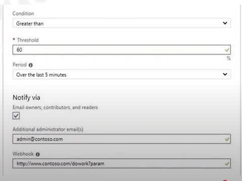 Create an alert rule on a metric with the Azure portal. 1. In the portal, locate the resource, here VM1, you are interested in monitoring and select it. 2. Select Alerts (Classic) under the MONITORING section. The text and icon may vary slightly for different resources. 3. Select the Add metric alert (classic) button and fill in the fields as per below, and click OK. - Metric: CPU Percentage - Condition: Greater than -Threshold: 70 - Period: Over last 15 minutes - Notify via email - Additional administrator email(s): admin1@contoso.com