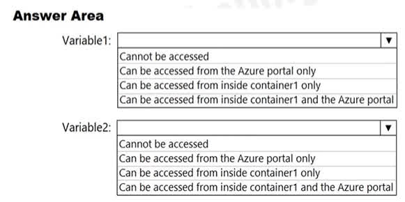 Question#QUE1493: You have a file named File1.yaml that contains the following contents. see image 1 You create an Azure container instance named container1 by using File1.yaml. You need to identify where you can access the values of Variable1 and Variable2. What should you identify? To answer, select the appropriate options in the answer area. NOTE: Each correct selection is worth one point.