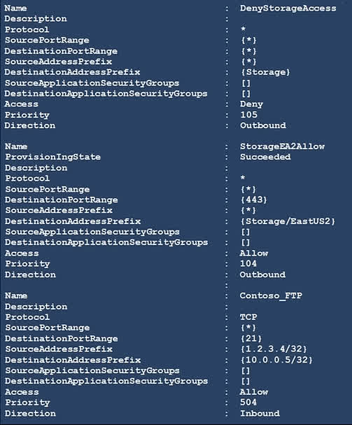 Question#QUE1555: You have a network security group (NSG) bound to an Azure subnet. You run Get-AzureRmNetworkSecurityRuleConfig and receive the output shown in the following exhibit. see image1 Use the drop-down menus to select the answer choice that completes each statement based on the information presented in the graphic. NOTE: Each correct selection is worth one point.