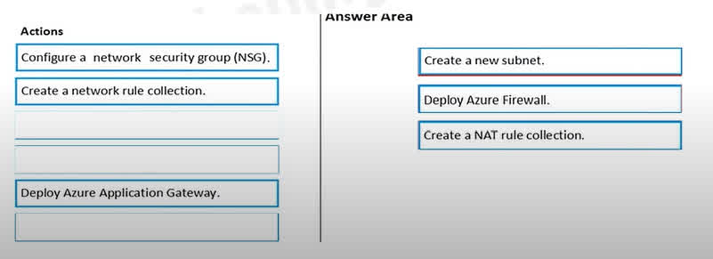 To allow RDP connections from the internet to a VM with only a private IP, you need a service that can perform Network Address Translation (NAT). Azure Firewall is a suitable service for this. The process is as follows: 1. Create a new subnet: Azure Firewall requires its own dedicated subnet within the virtual network. This subnet is typically named AzureFirewallSubnet. This must be done before deploying the firewall. 2. Deploy Azure Firewall: After the dedicated subnet is created, you can deploy the Azure Firewall instance into it. The firewall will have a public IP address to receive traffic from the internet. 3. Create a NAT rule collection: To forward the RDP traffic (TCP port 3389) from the firewall's public IP to the private IP of VM1, you must create a DNAT (Destination NAT) rule in a NAT rule collection on the Azure Firewall. This rule will translate the destination address and port for incoming RDP connections to VM1.