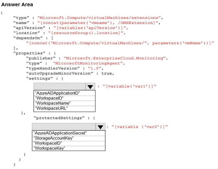 Question#QUE1563: You plan to use Azure Log Analytics to collect logs from 200 servers that run Windows Server 2016. You need to automate the deployment of the Microsoft Monitoring Agent to all the servers by using an Azure Resource Manager template. How should you complete the template? To answer, select the appropriate options in the answer area. NOTE: Each correct selection is worth one point.