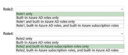 When creating new custom roles by cloning in Azure, the source role(s) must be of the same type as the new role being created. For Role3, an Azure AD role, the selection of "Role1 only" is a valid option because Role1 is also a custom Azure AD role. For Role4, which is an Azure subscription role, the selection of "Role2 and built-in Azure subscription roles only" is correct because a new custom subscription role can be cloned from both existing custom subscription roles (like Role2) and the standard built-in subscription roles. You cannot mix Azure AD and Azure subscription roles when cloning.