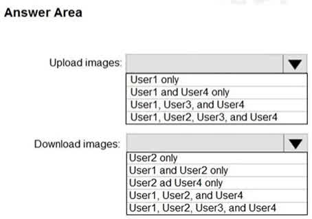 Question#QUE1504: You have an Azure Container Registry named Registry1. You add role assignment for Registry1 as shown in the following table. see image1 Which users can upload images to Registry1 and download images from Registry1? To answer, select the appropriate options in the answer area. NOTE: Each correct selection is worth one point.