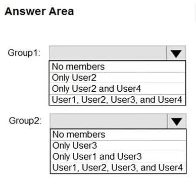 Question#QUE1529: What is the membership of Group1 and Group2? To answer, select the appropriate options in the answer area. NOTE: Each correct selection is worth one point.
