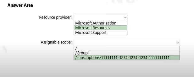 To create this custom RBAC role, the Microsoft.Resources provider is selected because it contains the essential permissions for managing the properties and lifecycle of Azure resources, such as applying tags. The "Assignable scope" is set to a specific subscription, which restricts where this custom role can be used. This means the role can only be assigned to that particular subscription, or to resource groups and resources within it, ensuring the permissions are not applicable at a broader level like a management group.