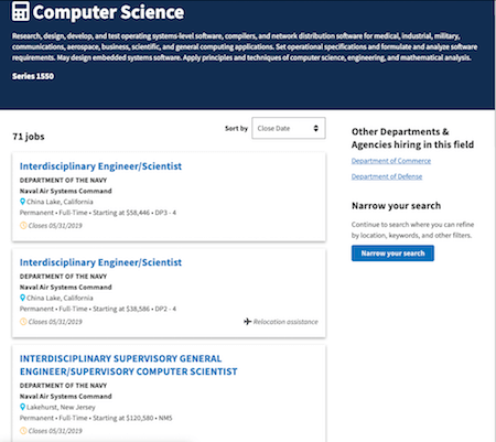 Screenshot from USAJobs.gov that shows a listing of Computer Science jobs