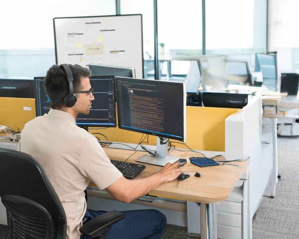 IT professional wearing headphones and looking at code on a monitor