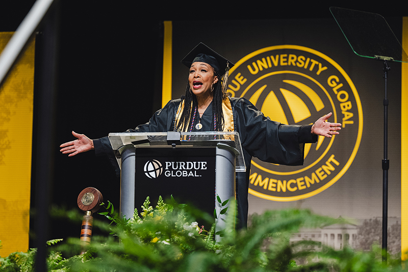Walda Collins delivers the commencement address during Purdue Global’s commencement.