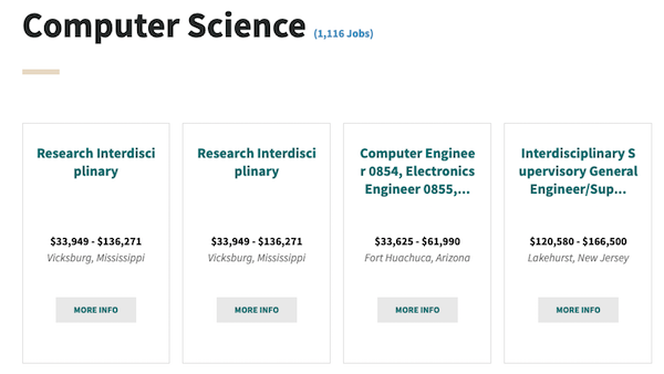 Screenshot from Cybercareers.gov that shows Featured Jobs in Computer Science