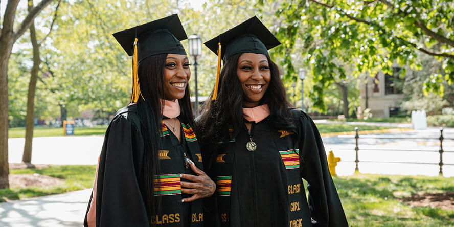 Chrishá (left) and Chrishana (right) Jackson celebrated their graduation together on Purdue University’s West Lafayette campus. (Purdue University photo/Greta Bell) 