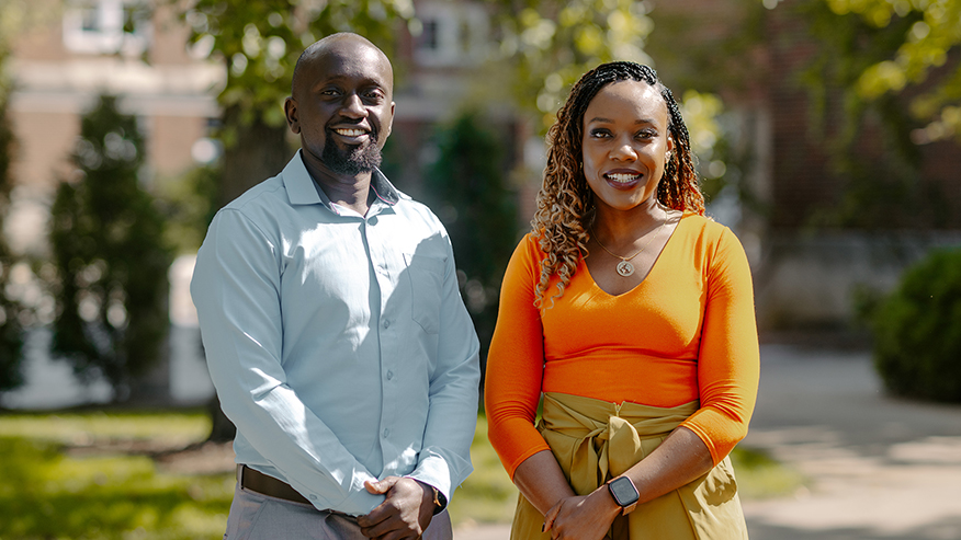 Benson Njuguna and Sharon Aranga pose for a photo while attending Purdue Global’s commencement ceremony.