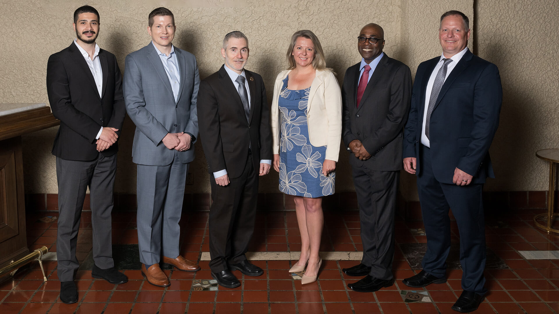 From left: Joud Elias, Daniel Stahoviak, Martin Pritikin (dean of Purdue Global Law School), Abby Strehle, Lindley Jarrett and Jeff Kraft following their admission to the Indiana Bar on May 20.