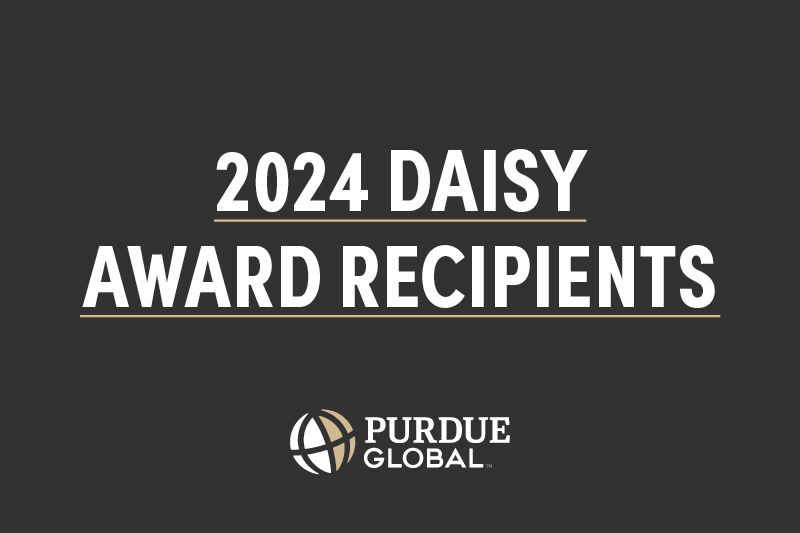 White text reading "2024 DAISY AWARD RECIPIENTS" with Purdue Global logo on dark gray background