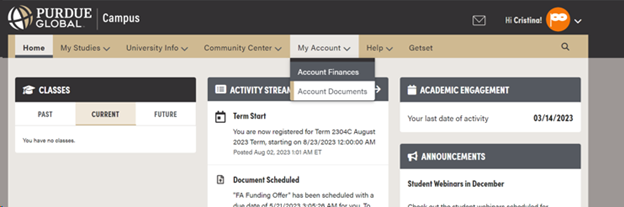Screenshot of PG Campus home page with top navigation expanded to show My Account > Account Finances highlighted
