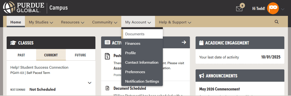 Screenshot of PG Campus homepage showing the My Account tab in the top navigation expanded, with the Documents link selected in the dropdown.