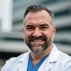 A man with a beard in blue scrubs and a white medical jacket.