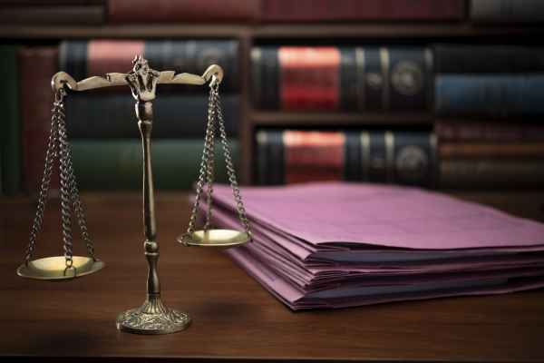 Scales of justice and a stack of legal documents in purple folders on a table. 