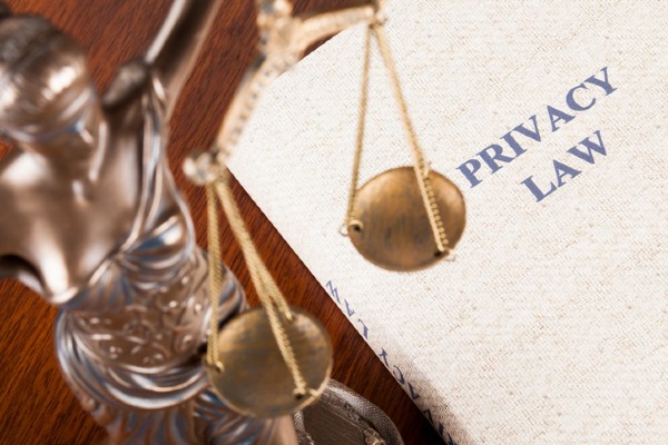 A statue of justice rises over a book labeled “Privacy Law.” 