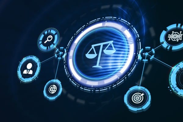 An illustration of lawyer bots and the scales of justice