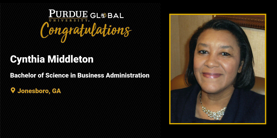 Purdue University Global congratulated Cynthia Walker Middleton and other graduates with individual slides shown during winter commencement at Elliott Hall of Music in December 2021. (Image courtesy of Cynthia Walker Middleton)