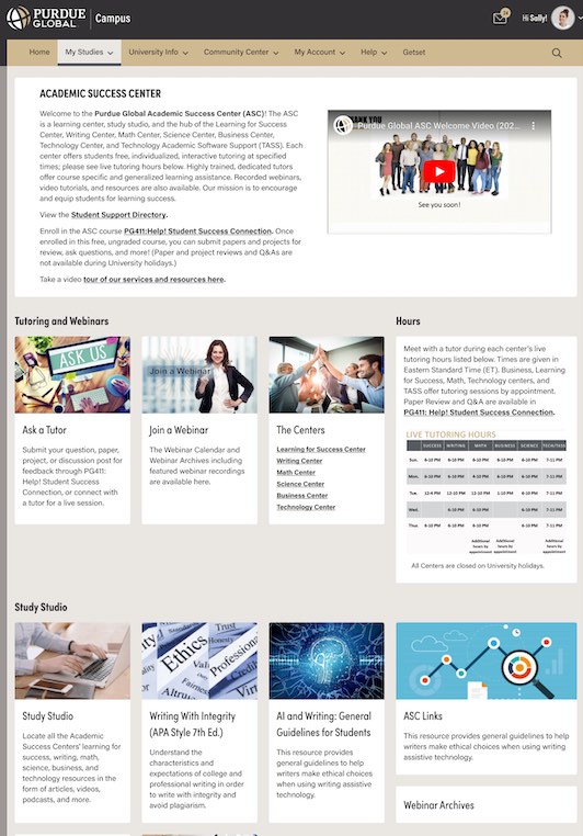 A screenshot of the Academic Success Center. Students can access the Center through Purdue Global Campus.
