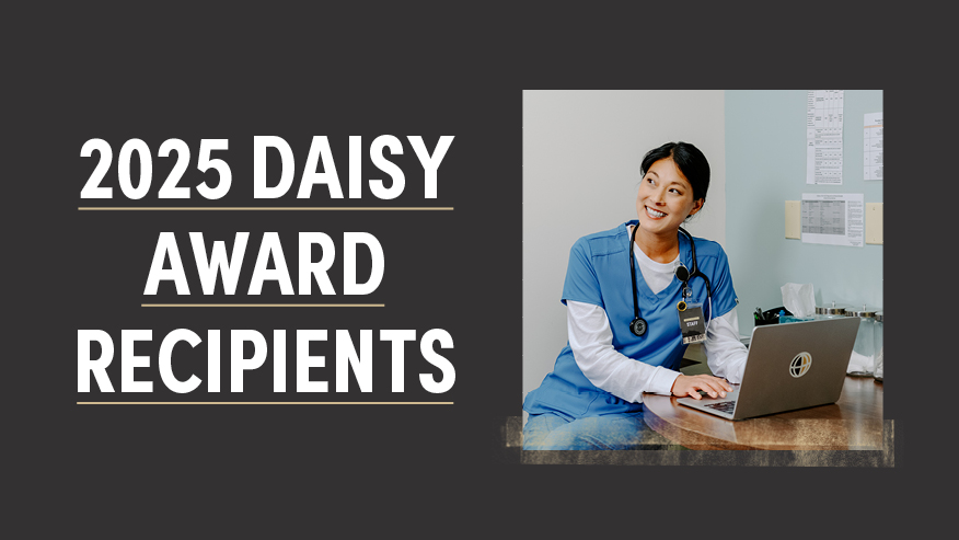 A graphic with text that reads “2025 DAISY Award recipients” and an image of a woman wearing scrubs sitting in front of a laptop